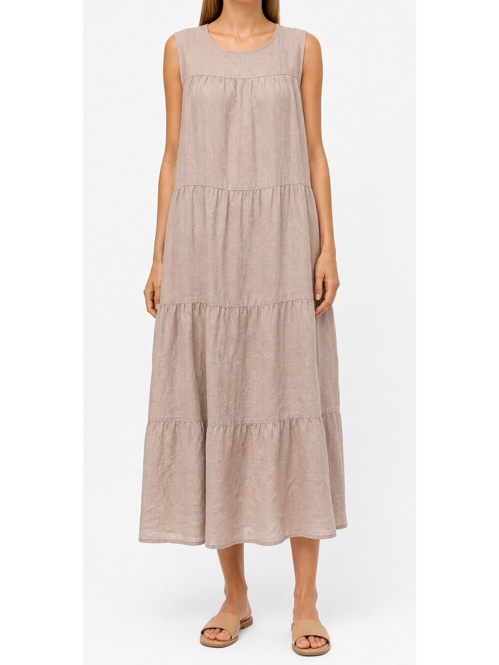 Magaschoni Taupe Tiered Sleeveless Linen Midi Dress